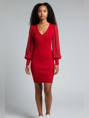 BEBE Red V-Neck Long SHEER Sleeve Dress